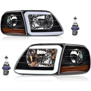 PIT66 LED DRL Headlights Assembly w/Corner Parking Lights Fit 1997-2003 Ford F150 /2004 F150 Heritage /98-99 F250 /97-02 Expedition Black Housing Amber Reflector