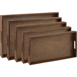 Dark Wood Serving Tray With Handles - Five Piece Nested Breakfast Tray, Bathroom & Buffet Trays for Serving & Organizing (Dark Brown Set)