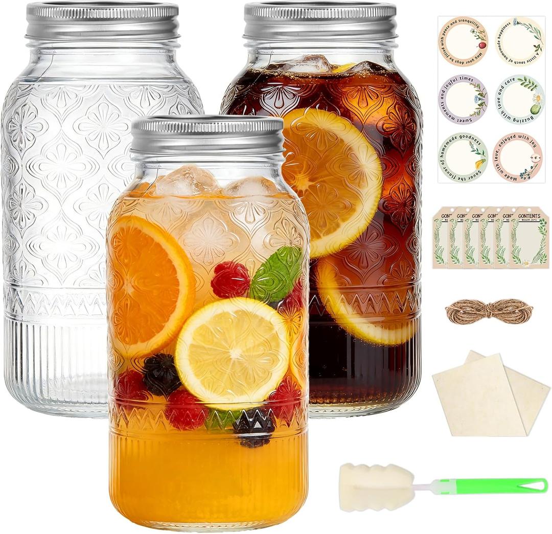 64oz Mason Jars Wide Mouth 3 Pack, Half Gallon Glass Canning Jars with Airtight Lids, Large Glass Containers for Pantry Storage, Fermenting, Pickling, Cold Brew, DIY Projects