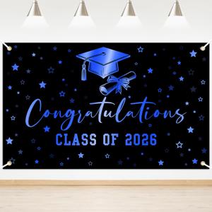 Lecheme Congratulations Graduation Banner Class of 2026 Backdrop Black Blue Congrats Grad Banner Party Background Prom Night Photo Booth Props Graduation Party Decorations 6x3.6 ft