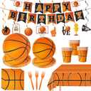 130 Pcs Basketball Party Supplies Basketball Party Decorations Plates Napkins Cups Forks Tablecloth Banner Hanging Swirl for Basketball Birthday Party Decorations, Serves 24