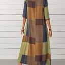Women's Vintage Geometric Print Maxi Dress Color Block Plaid Design Crew Neck 3/4 Sleeve Loose Fit Long Dresses (Medium)