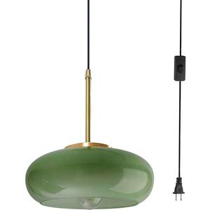 Plug in Glass Hanging Lamp Mid Century Pendant Light Plug in Cord Milk Glass Dark Green Lamp Shade Golden Brass Plug in Pendant Light Fixtures Adjustable Pendant Lights Cord Dining Room