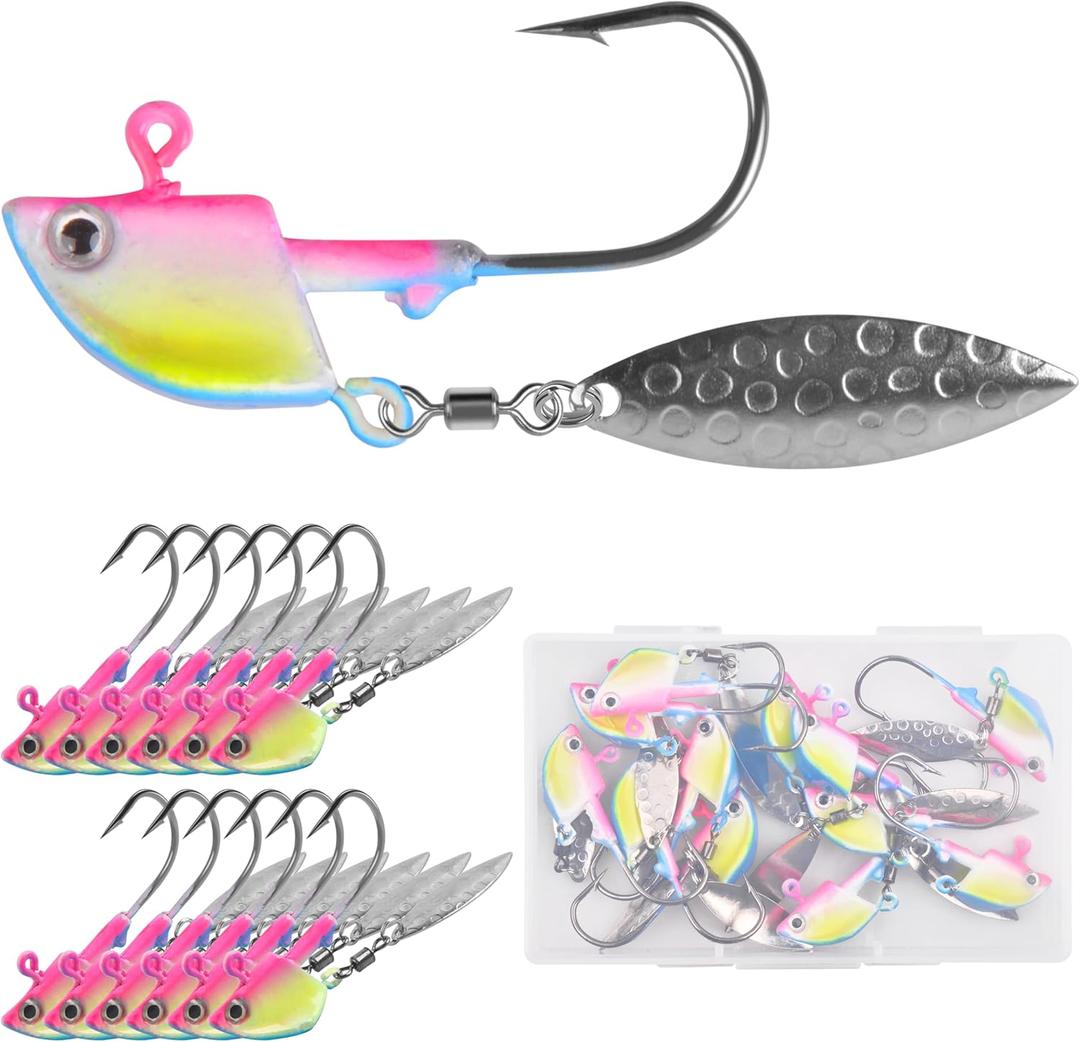 OROOTL Fishing Jig Heads Underspin Jig Head Hooks with Spinner Blades Under Spin Bladed Swim Jigs for Saltwater Freshwater Fishing 1/4oz 3/8oz 1/2oz (Blue Pink)