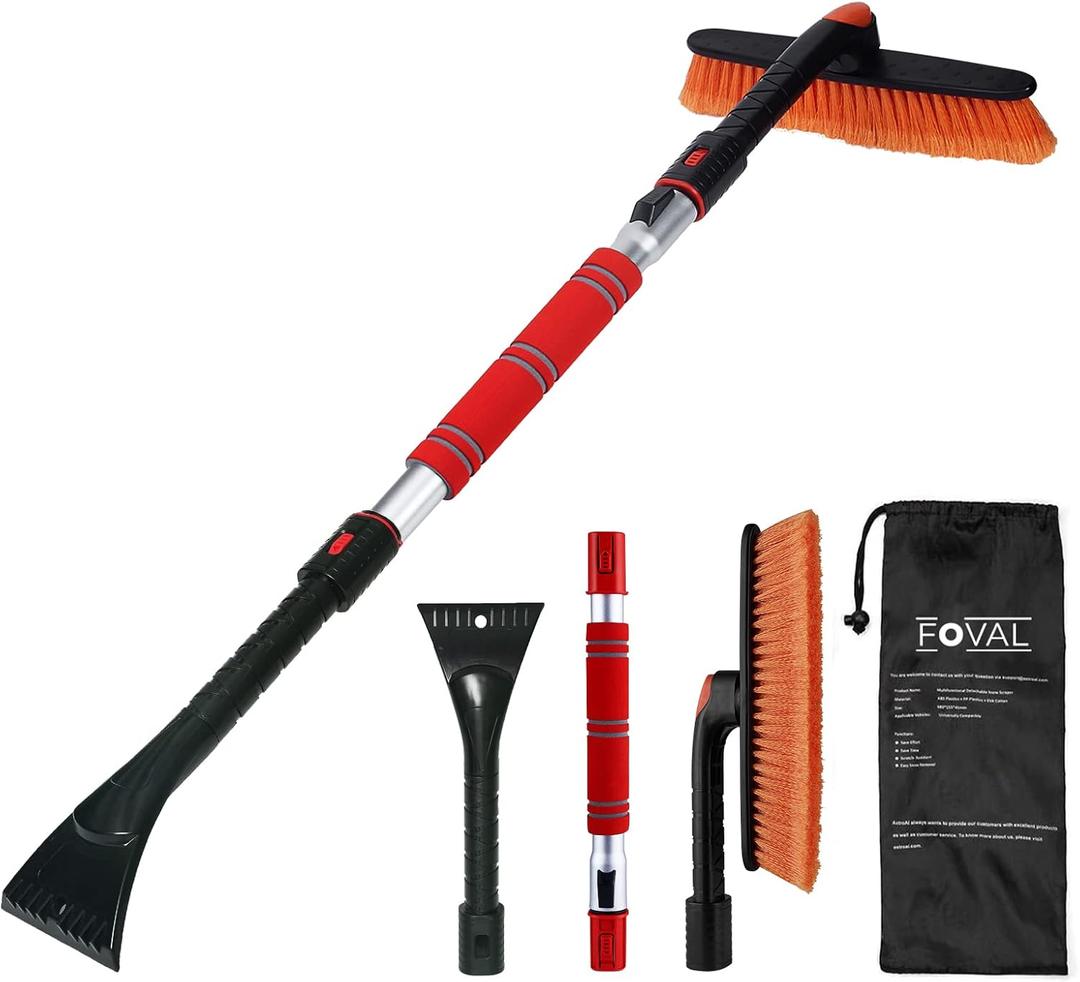 FOVAL 47.2" Extendable Snow Brush and Wider Ice Scraper (4.73" Width) with 360 Pivoting Brush Head, Snow Removal Tool Car Brush with Comfortable Foam Grip for Car Windshield, Trucks, SUVs (Medium)