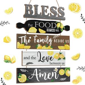 Wesiti 5 Pieces Kitchen Wall Decor Bless the Food Before Us Sign Farmhouse Rustic Dining Room Wall Art Wooden Hanging Signs for Kitchen Decor Hanging Plaque for Home(Lemon)