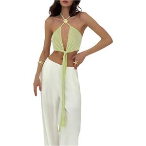 SHENHE Women's Sexy Open Back Tie Front Halter Neck Plunge Top Metal Backless Y2k Tank (S)