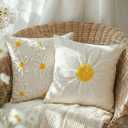 GEEORY 2-Pack 18x18 Inch Spring Summer Daisy Embroidered Canvas Throw Pillow Covers, Farmhouse Cotton Cushion Cases for Sofa Bed Living Room Home Decor