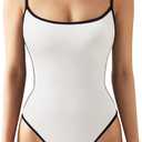 SUUKSESS Women Sexy Square Neck Thong Bodysuit Backless Cami Bodysuit Top (Large, White-black)