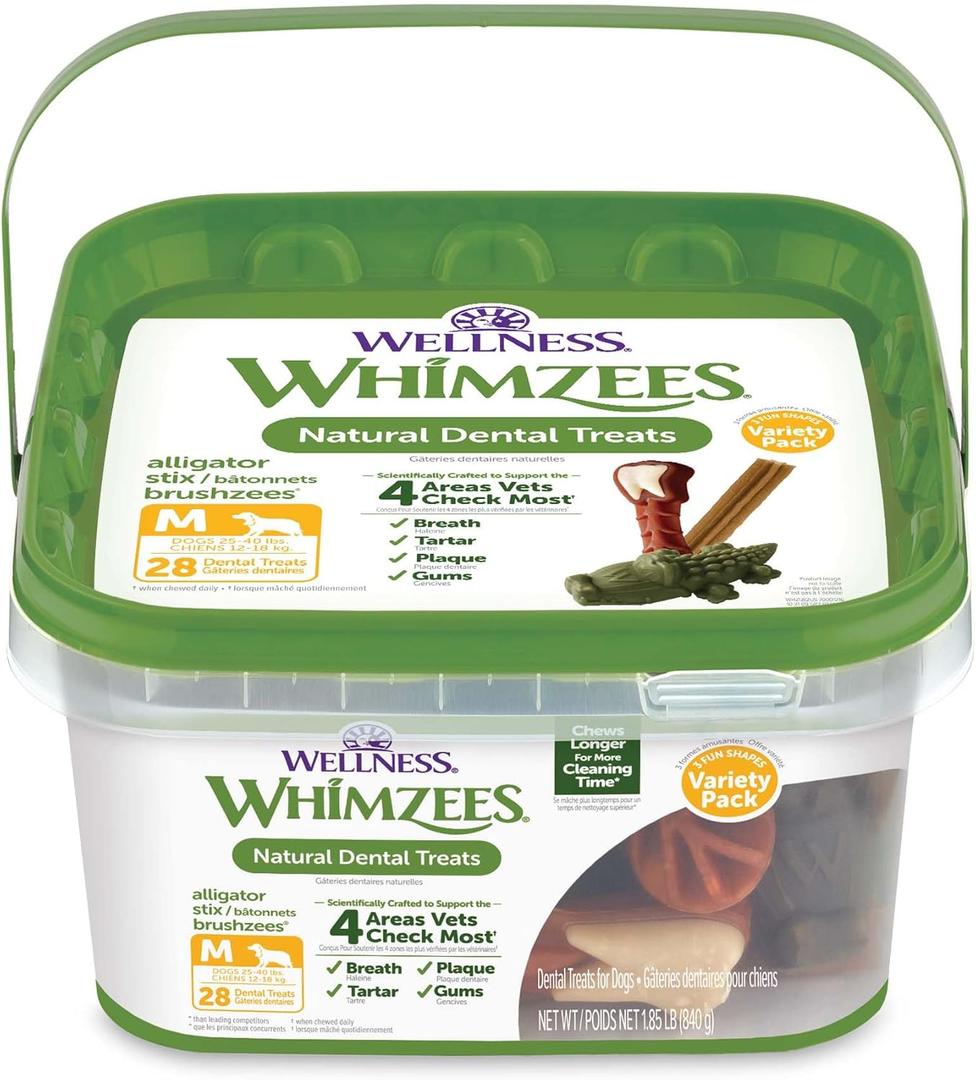Whimzees Wellness Variety Pack Dog Dental Treat, Chews, Freshens Breath, Medium Size, 29.6 oz Box, 28 Count (EXP 02/27/29)