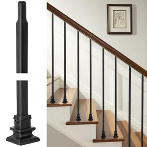 WICHEMI 32 Pack Wrought Iron Balusters, Hollow Plain Bar Balusters, 1/2" Square Stair Balusters for Staircase Interior Metal Stair Spindles Stair Railing with Baluster Plat Shoes