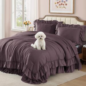 AMBERSPACE King Size Comforter Set Dark Purple, Ruffle Shabby Chic Bedding Set Farmhouse 7 Pieces, All Season Fluffy Bed in a Bag with Sheets, Pillowcases & Shams