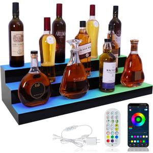 LED Lighted Liquor Bottle Display Shelf, 3 Tiers 30 Inch Acrylic Bar Bottle Display Shelf with RF Remote & App Control for Home Bar Party Whiskey Wine Coffee Syrup Water Bottles Display