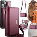 CaseMe 2-in-1 Detachable for iPhone 15 Plus Crossbody Wallet Case with RFID Blocking 10-Card Holder for Woman, PU Leather Wrist Strap Zipper Purse Wallet Phone Case for iPhone 15 Plus 6.7", Wine Red