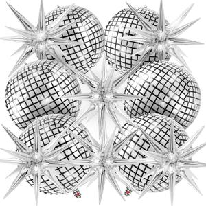 Disco Ball Balloons with Star Balloons, 22 Inch Metallic Silver Foil Balloon for Disco Party Decor Birthday Bachelorette New Year Christmas Party Decorations