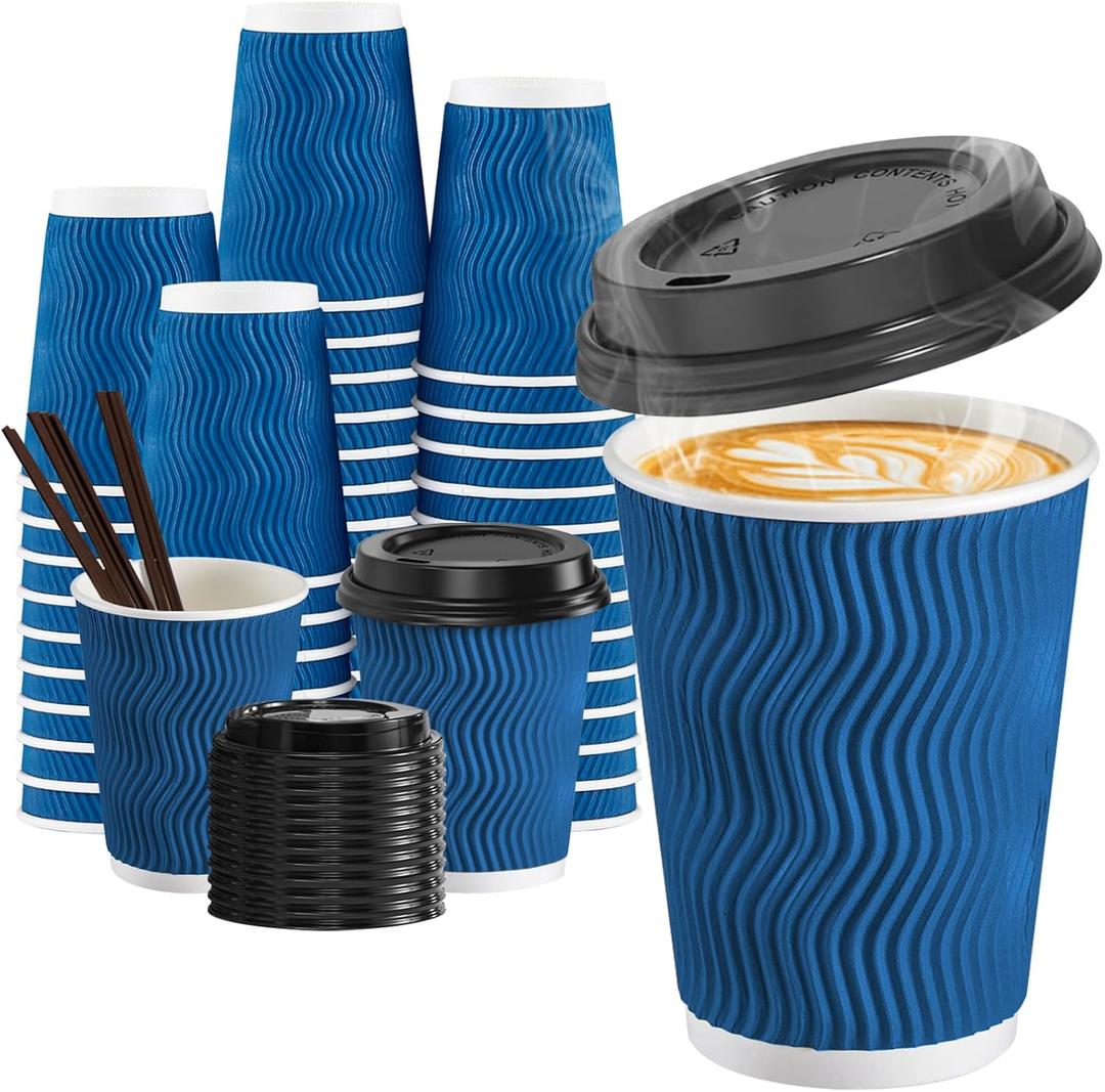 SIUQ 90 Pack 12 oz Disposable Coffee Cups with Lids and Straws, Insulated Ripple Wall To Go Paper Coffee Cups for Coffee, Hot Chocolate and Hot Tea Drinks - Navy (EXP 10/08/26)