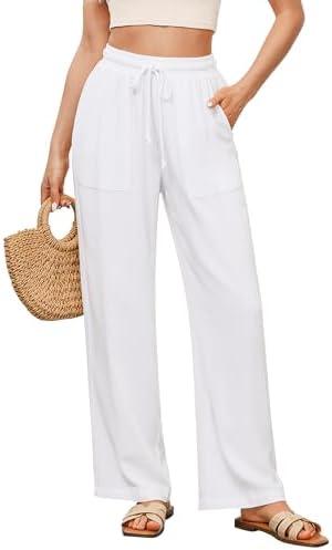 GRAPENT Linen Pants for Women Wide Leg High Waisted Baggy Drawstring Elastic Waist Palazzo Trousers Pants with Pockets