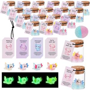 20 Sets Employee Appreciation Gifts Bulk, Luminous Mini Resin Axolotl Glow in The Dark with Bottle Wish Card, Axolotl Party Favors Staff Appreciation Gifts for Employees
