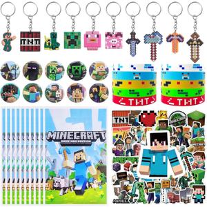 For Pixel Style Birthday Party Supplies, 90pcs Party Favors for , Includes 50 Stickers, 10 Gift Bags, 10 Wristbands, 10 Keychains, 10 Badges