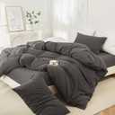 JIYUAN Queen Size Duvet Cover Set, 3-Piece - 100% Washed Cotton, Linen-Like Soft & Breathable with Zipper Closure, Includes 90x90 Inch Cover & 2 Pillowcases, Solid Dark Grey