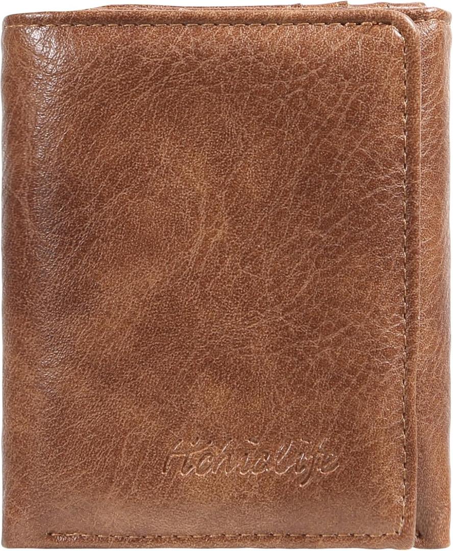 Men's Trifold Wallet, Classic RFID Blocking Leather Design - Durable Front Pocket Wallet with ID Window & Multiple Card Slots, Gift Box Included (Brown)