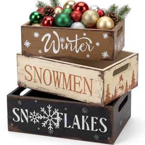 Fiwochic 3 Pcs Winter Wooden Box Vintage Rustic Storage Box Farmhouse Winter Table Decor Wood Storage Bins Organizer Bucket for Holiday Candy Dish Home