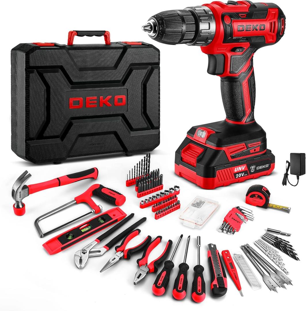 Red Drill Tool Kit Set: 20V Cordless Power Drill Tool Box with Battery Electric Drill Driver for Men Home Hand Repair Basic Toolbox Tools Sets Drills Case