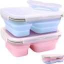 2 Pack Collapsible Silicone Bento Lunch Boxes With Lids,2 Compartments, Divided Lunch Food Storage Containers, 37.2 oz, Safe in Microwave, Dishwasher and Freezer, BPA Free (Pink and Blue)