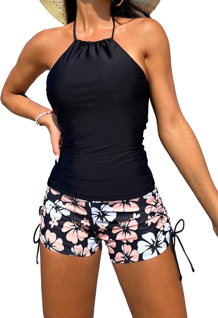 SOLY HUX Tankini Swimsuits for Women Halter Tops and Floral Print Shorts Bathing Suits Two Piece Swimsuit (XL, Black Floral)