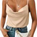 Aoulaydo Women's Spaghetti Straps V Neck Satin Camisole Cowl Neck Cami Tank Top Silk Camisole Sleeveless Blouses (Large, Light Khaki)