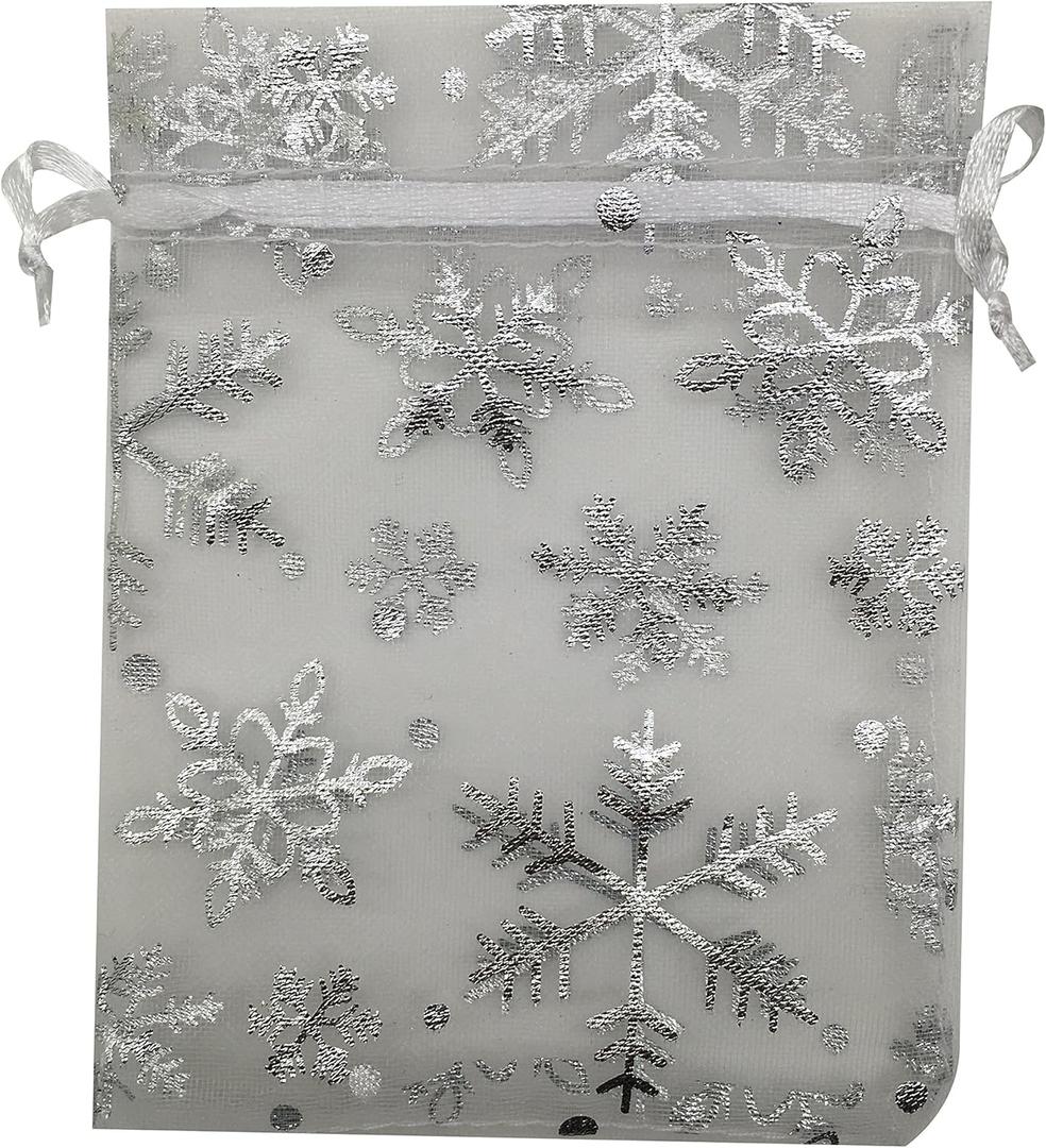 SUNGULF 50pcs Organza Pouch Bag Drawstring 5"x7" 13x18cm Strong Gift Candy Bag Jewelry Party Wedding Favor (White Snowflake)