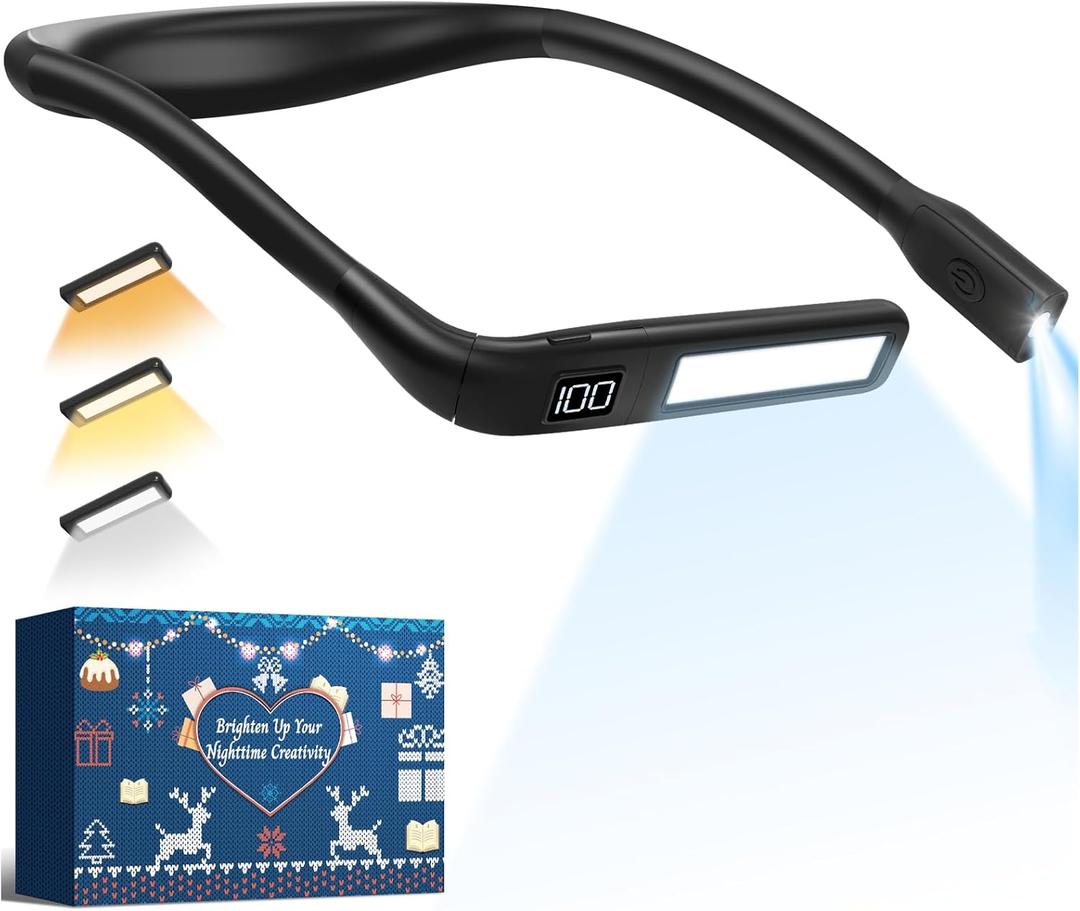 Reading Light Book Lovers Gifts: Upgraded Neck Light with Power Display & Timer, 80Hrs Rechargeable Book Lights for Reading at Night, Birthday Gifts for Readers Women Men, Knitting Crochet Accessories (Black)