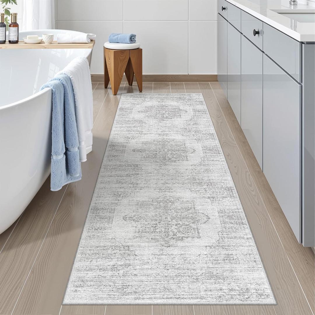 2x6 Runner Rug Non Slip for Entryway, Washable Runners for Kitchen, Soft Thin Hallway Rug for Bedroom, Laundry, Small Stain Resistant Indoor Door Mat(2'x6', Light Grey/White)