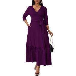 FANDEE Long Flowy Dresses for Women Summer V Neck Maxi Dress with Pockets, 3 4 Sleeve Solid Tie Belt A Line Tiered Dresses (Large)