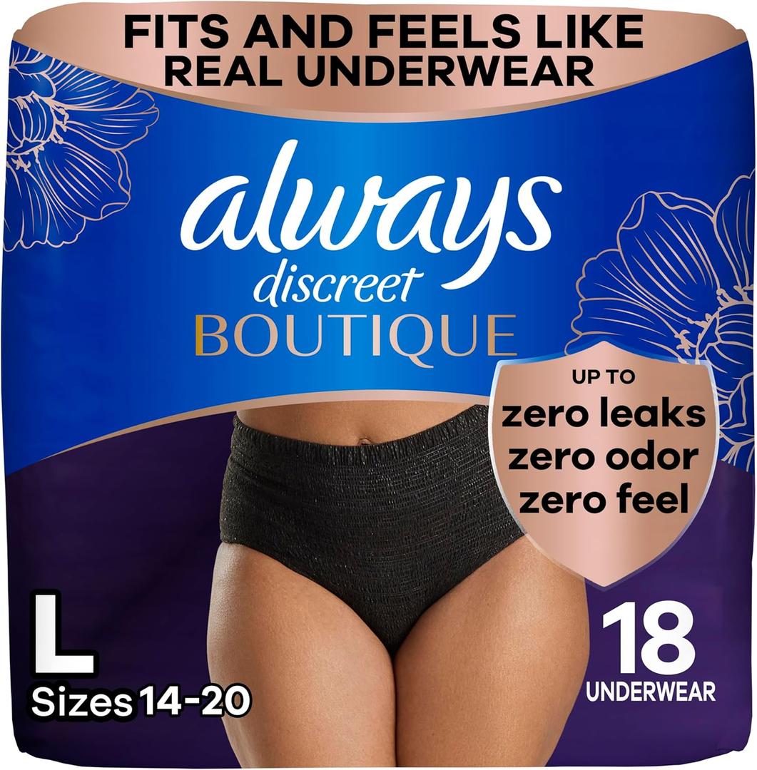 Always Discreet Boutique Incontinence and Postpartum Underwear for Women, Maximum Protection, Large, Sizes 14-20, Black, 18 Count