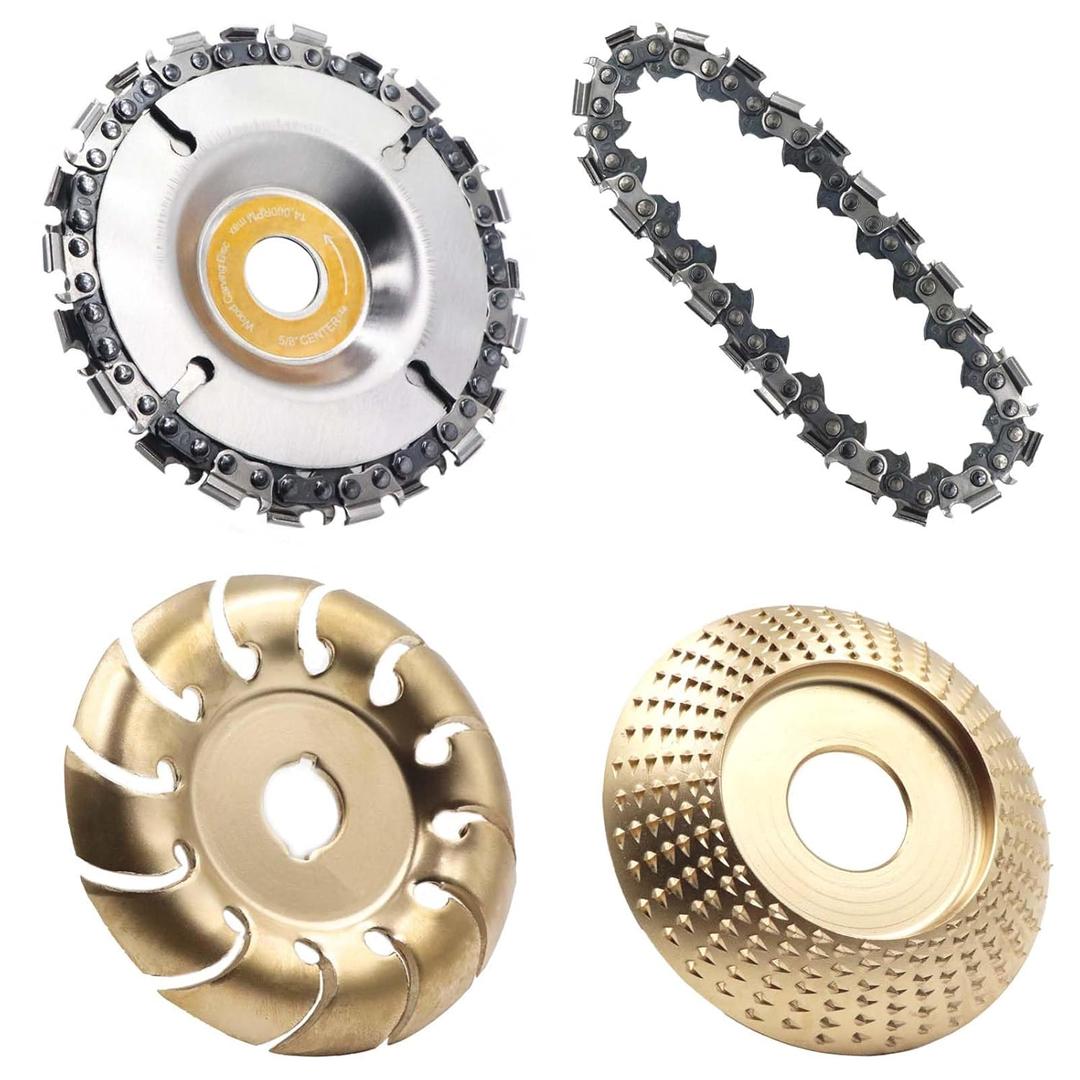 4PCS Wood Grinding Wheel for 4" or 4 1/2" Angle Grinder, 12 Teeth Wood Shaping Disc, Circular Saw Blade with Replacement Chain for Woodworking Cutting, Carving, Shaping and Sanding Grinding Wheel