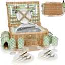 Picnic Basket for 4, Insulated Willow Picnic Baskets with Shoulder Strap, Picnic Hamper with Waterproof Picnic Blanket, Handmade Wicker Hamper for Outdoor Camping, GreenCheck
