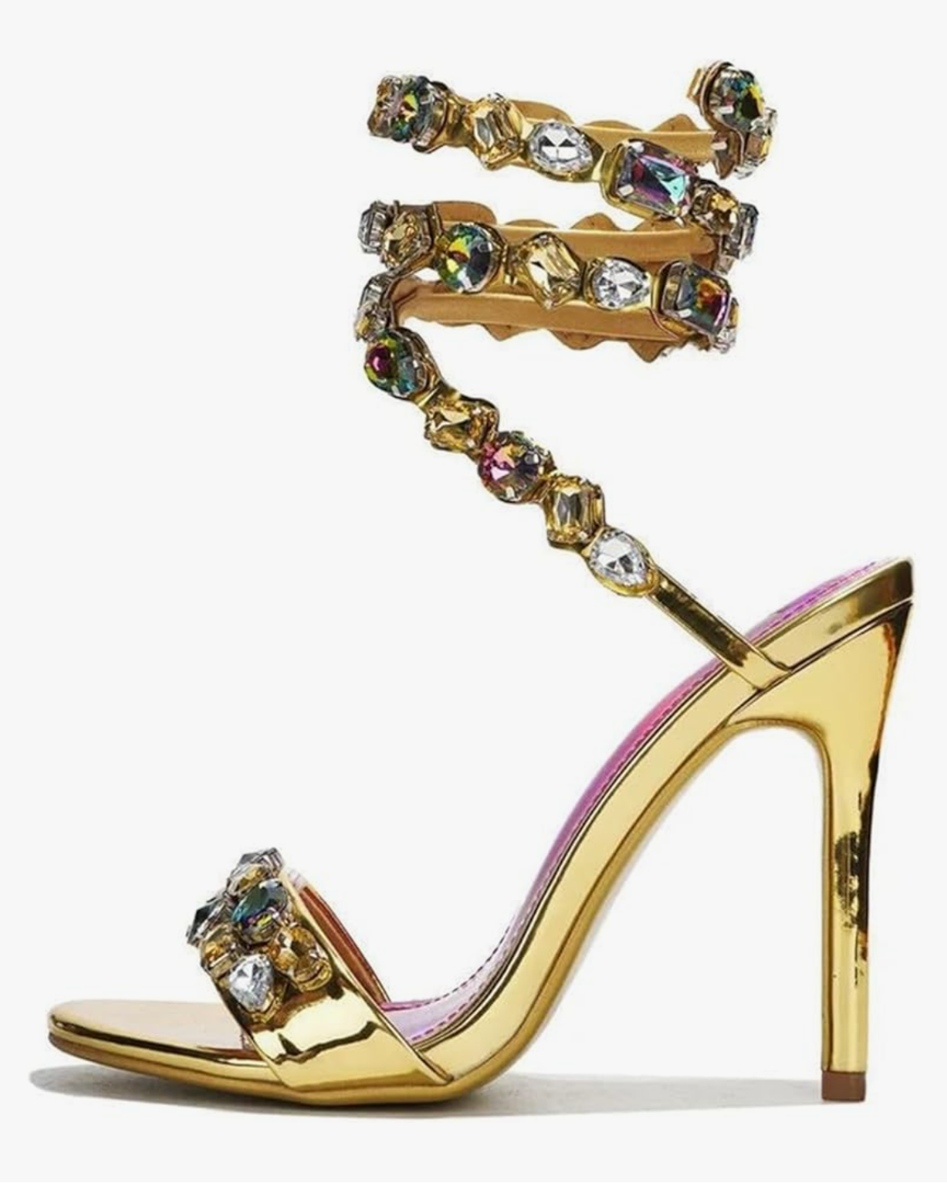 LISHAN Women's Diamante Rhinestones Studded Stilettos Ankle Wrap High Heels, Size 8