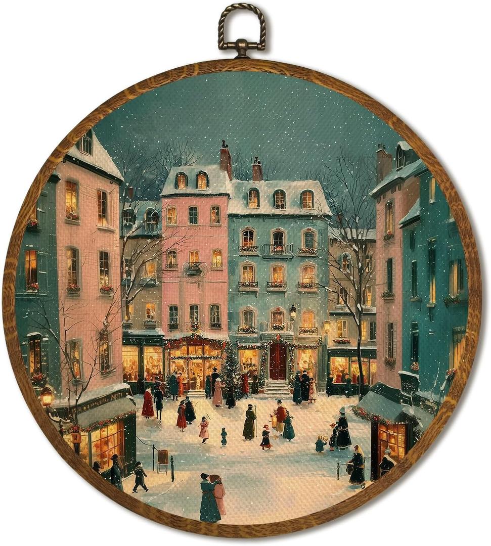 Vintage Snowy Village Wall Art Decor 10x10Inch, Vintage Winter Holiday Scene Circular Wall Art Framed Canvas Print Decor, Snowy Holiday Village Wall Art Decor for Christmas (Winter)