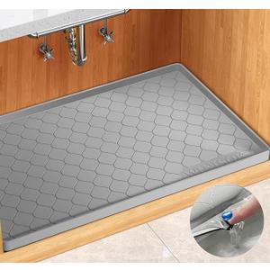 Silicone Under Sink Mat 34" x 22", Kitchen Essentials and Gadgets, Shelf Liner and Cabinet Protector, Home Organizers and Storage, Waterproof Bathroom Tray (Light Gray)