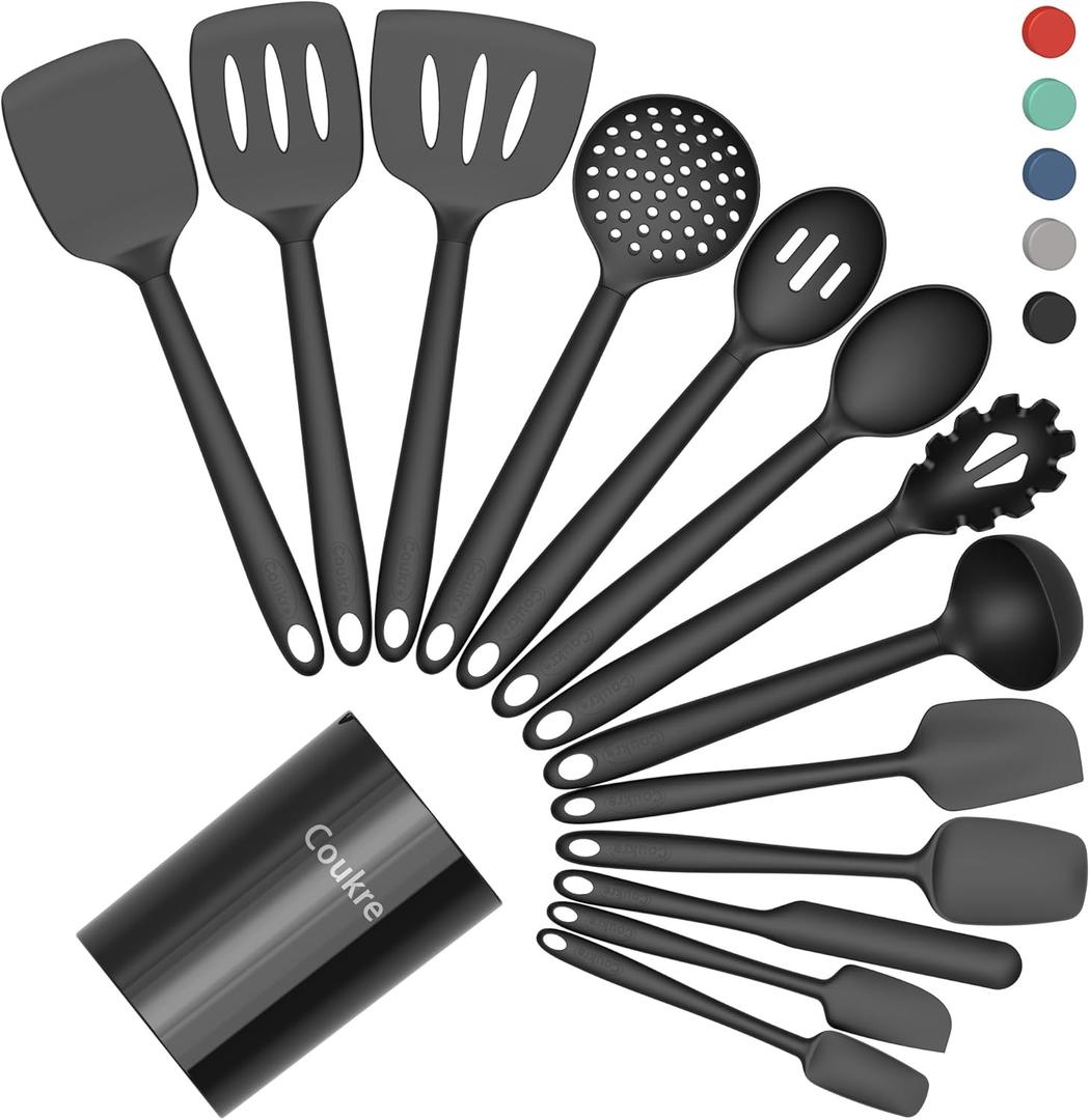 Coukre Silicone Kitchen Cooking Utensils Set with Holder Heat-Resistant, Food-Grade Kitchen Tools, Spatula, Spoon & Gadgets for Non-Stick Pans, Dishwasher Safe (14, PureBlack)