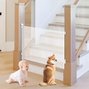 Retractable Baby Gate, Pet Gate for Stairs, Mesh Dog Gate for Doorways, Safety Locking Gates for Baby Indoor, Stair Gate for Outdoor, Hallways, Doorways (White, 55 inch)