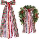 3 x Large Christmas Ribbon Bow, Red, White & Green Stripes with Snowflake Pattern, Tree Topper and Wreath Decoration, Rustic Vintage Style, Indoor/Outdoor Holiday Xmas Decor for Family, Wedding, Party