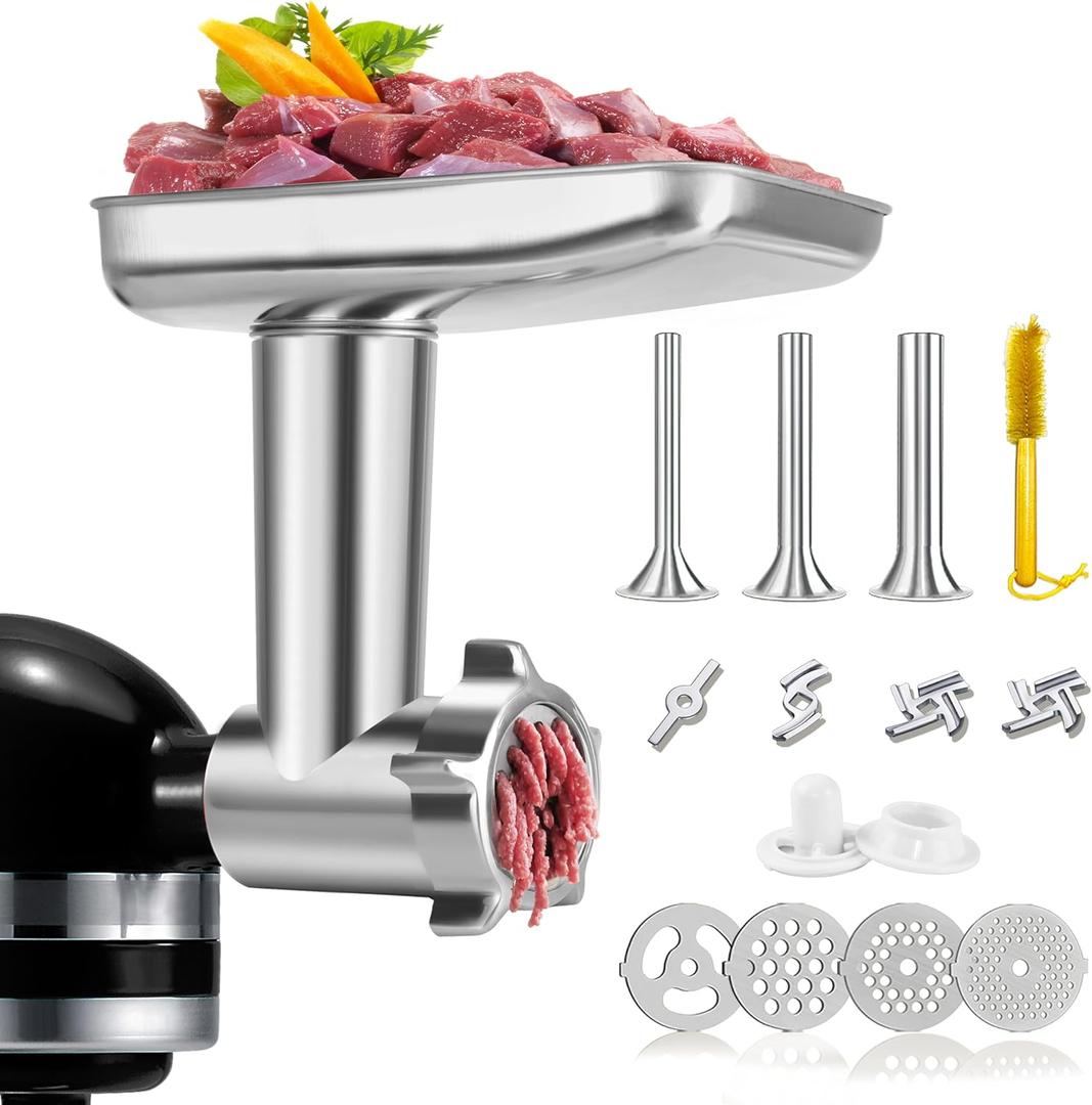 Stainless Steel Meat Grinder Attachment for KitchenAid, Stainless Steel Meat Grinder Attachment, Sausage Stuffer, Attachment for KitchenAid Mixers, Dishwasher Safe(Mixer Not Included)