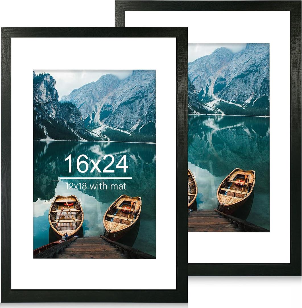 Hongkee 16x24 Frame Set of 2, Rustic Black Wood Style - Display 16 x 24 Picture without Mat or 12x18 Picture with Mat, Wall Mounting Horizontal and Vertical