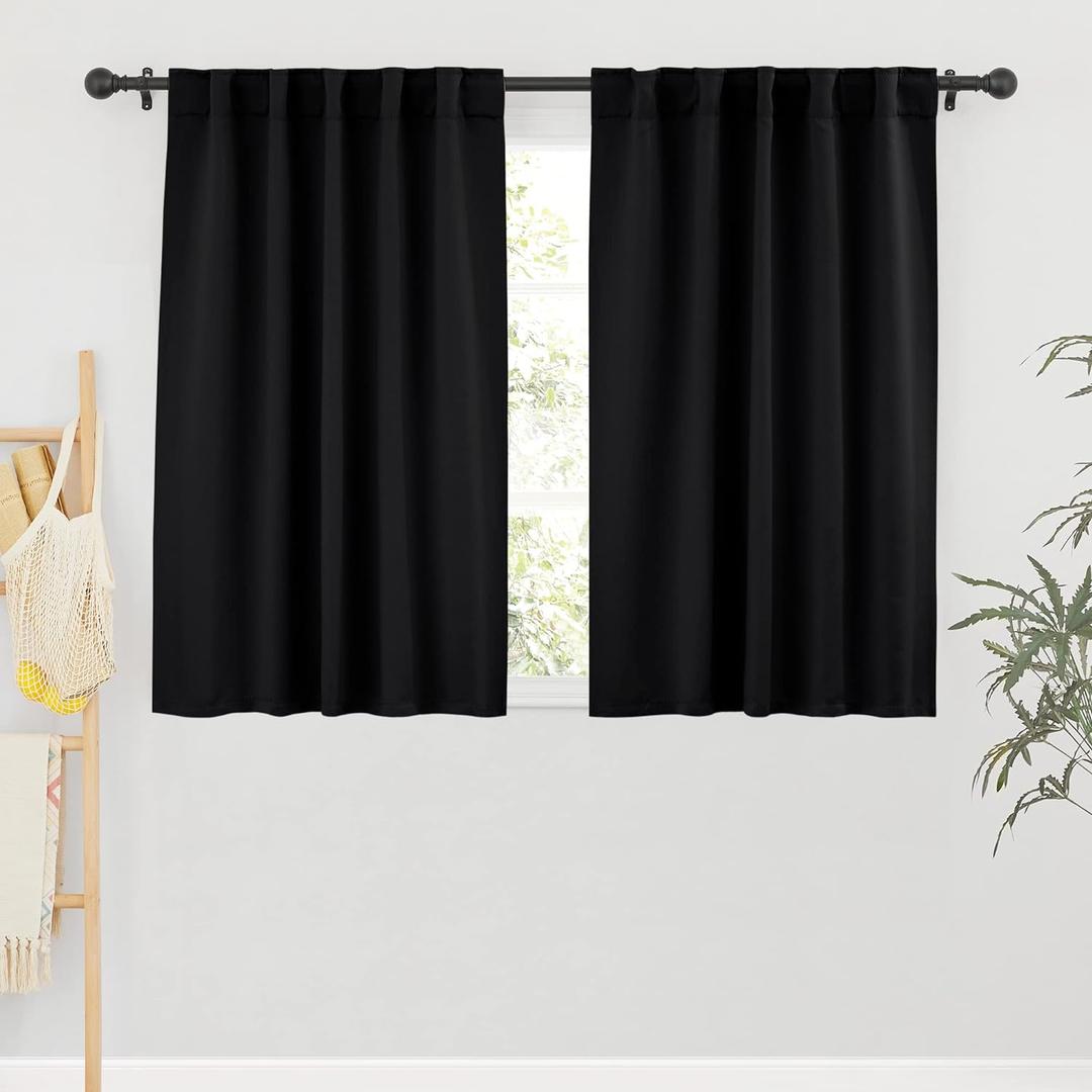 RYB HOME Short Bedroom Blackout Curtains - Small Window Treatment Set Energy Saving Thermal Insulated Drapes for Living Room/Nursery/Kitchen, 42-inch Wide x 45-inch Long, Black, 2 Panels