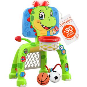 Move2Play, Dinosaur Basketball Hoop & Soccer Goal Activity Center | 30+ Sounds & Songs + 5 Lights | 1 2 3 Year Old for Boys and Girls | Toy & Gift for Baby & Toddlers