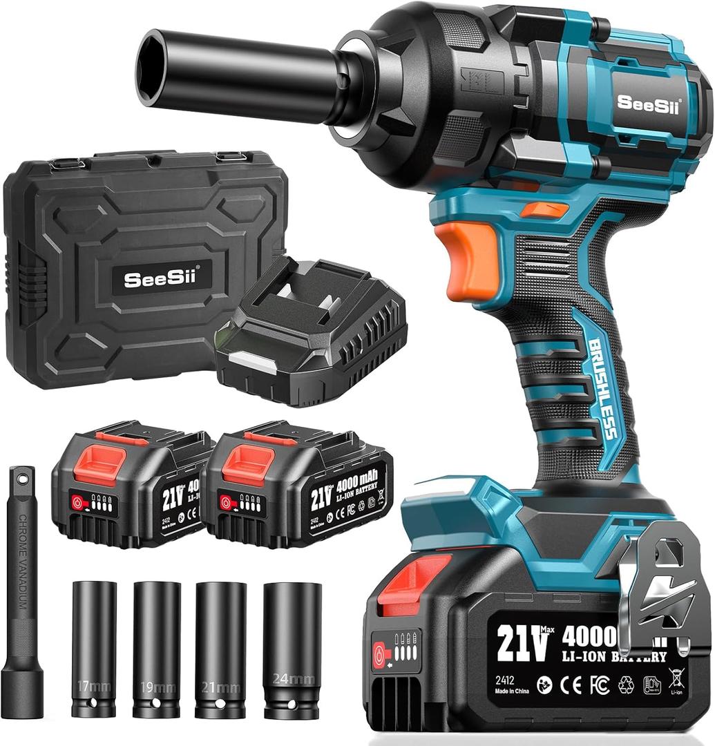 Seesii Impact Wrench 886 Ft-lbs(1200N.m), 1/2 High Torque Impact with 21V 2x4.0Ah Battery, Electric Impact Driver, 2900IPM, 5 Socket, Cordless Impact Wrench for Home Car/Mower/Pickup/Truck RV