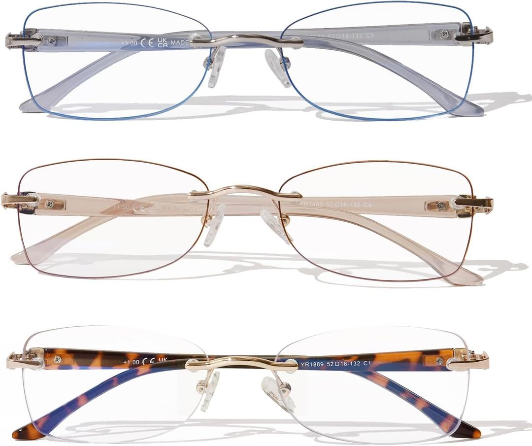 Rimless Reading Glasses for Women, Rectangle Blue Light Blocking Readers With Tinted Edge