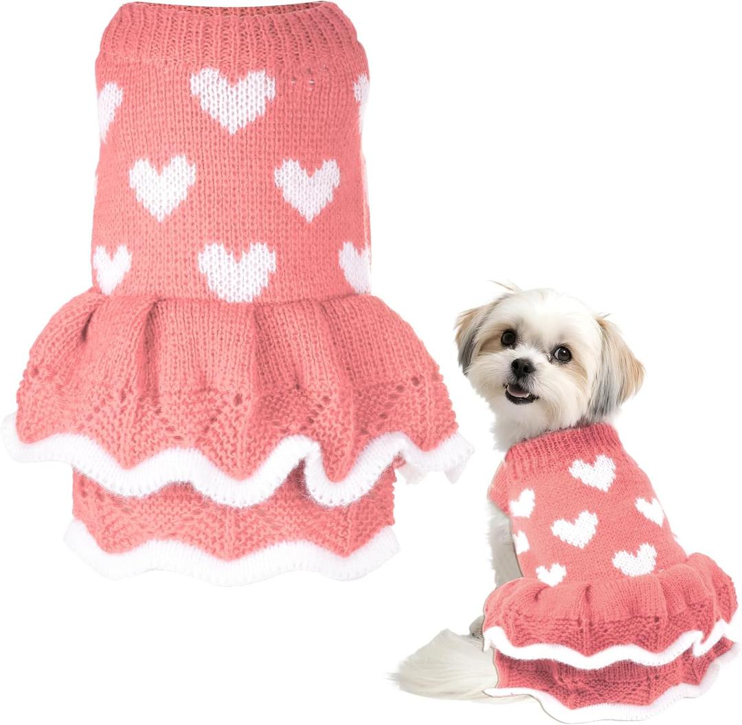 Dog Sweaters Heart Knitted Sweaters Dress Winter Coat Puppy Warm Holiday Clothes for Medium Dogs Cats Christmas New Year Valentine's Day （Medium, Pink）